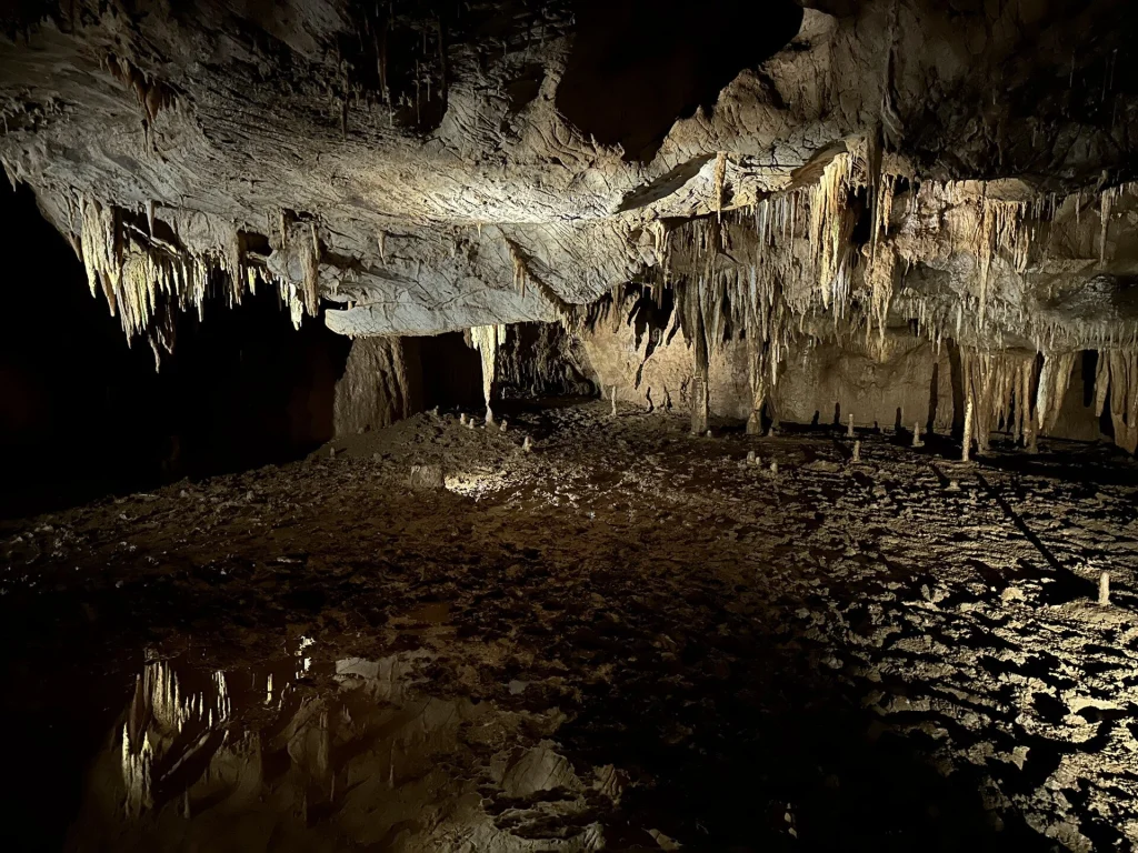 Stalactite-filled chamber of Prometheus Cave, a showcase cave near Martvili.