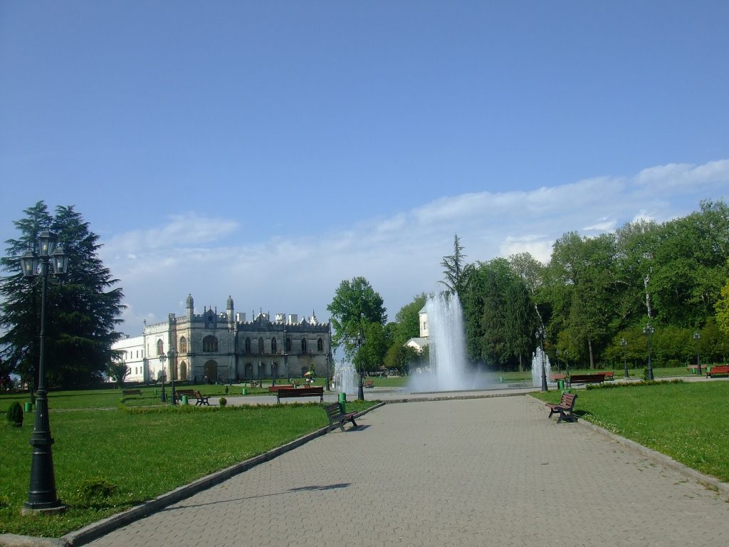 The palace fountain and lawns in Zugdidi, setting for the annual hazelnut festival.
