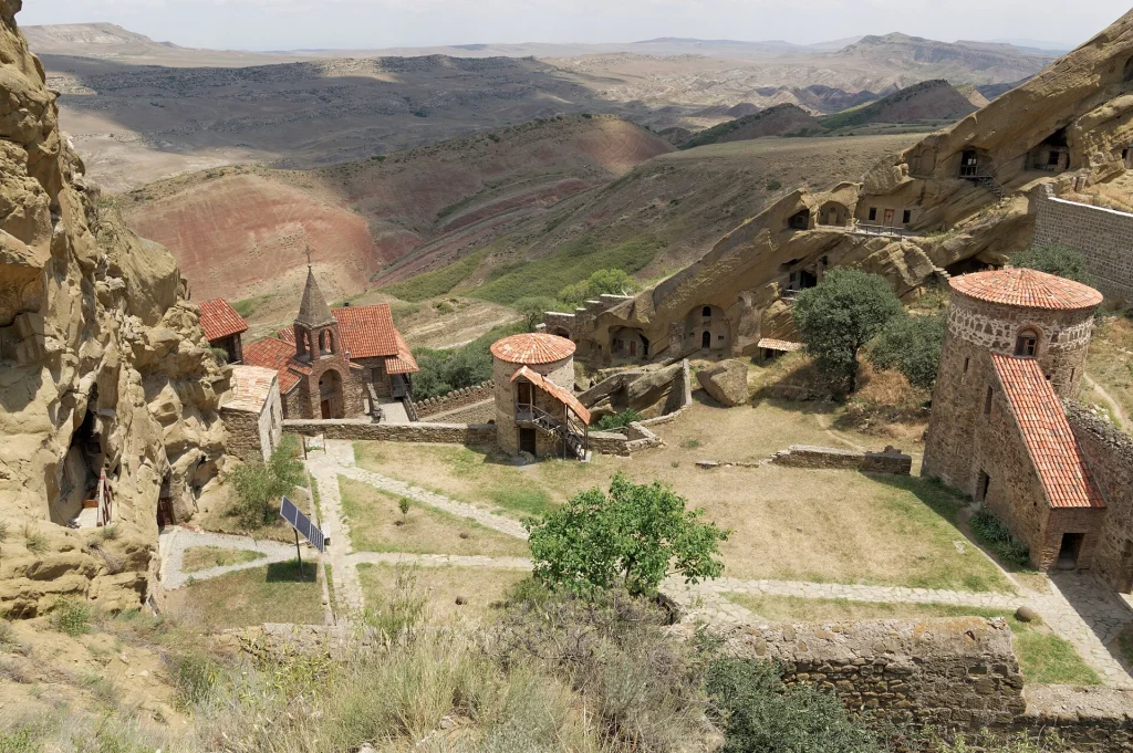 Wide view of David Gareja's cave monastery amid the arid Kakheti landscape.