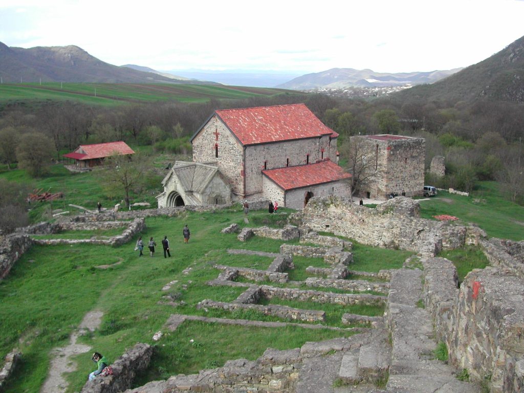 Aerial view of Dmanisi's fortress complex and Sioni church, the historic site celebrated during Dmanisoba.