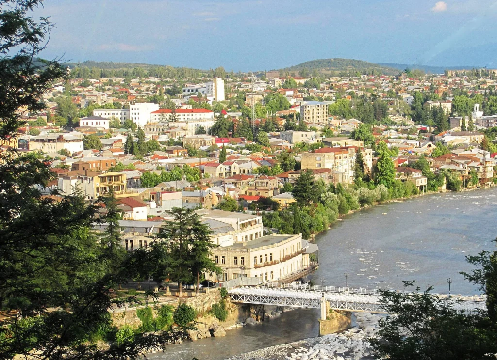 Downtown Kutaisi and the White Bridge over the Rioni river, Georgia.