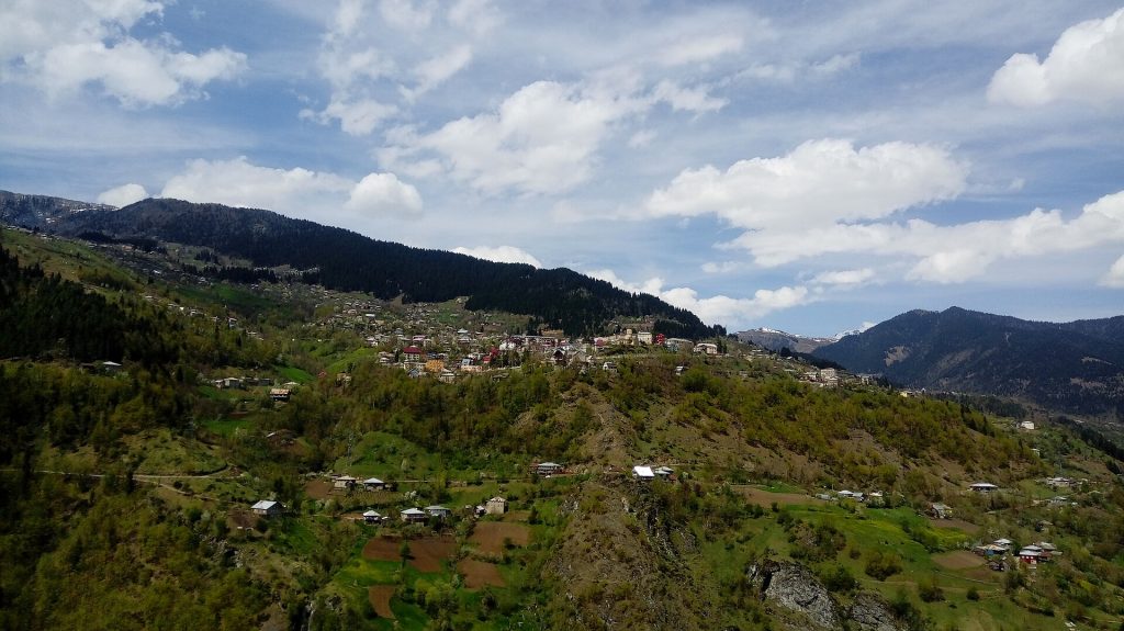 Aerial view of Khulo, the administrative center of the highland district hosting Shuamtoba.