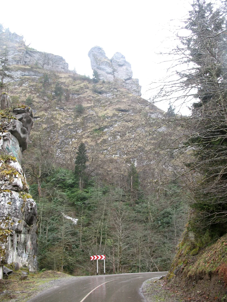Rocky cliff formation beside the mountain road at New Sairme.