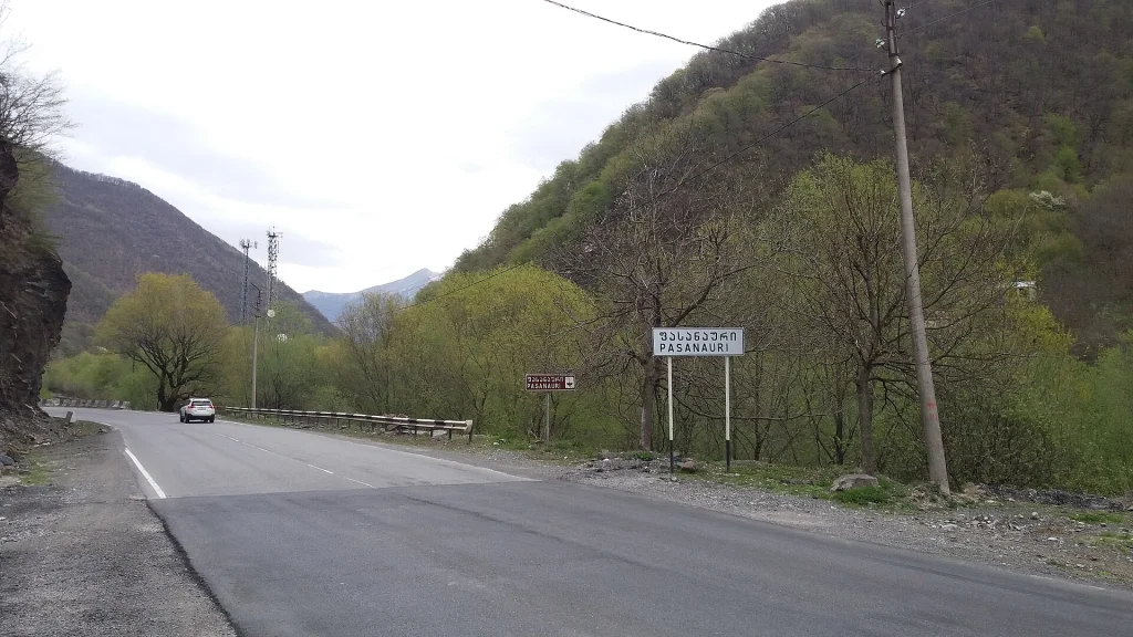 The road entrance to Pasanauri, hub for Aragvi river rafting trips.