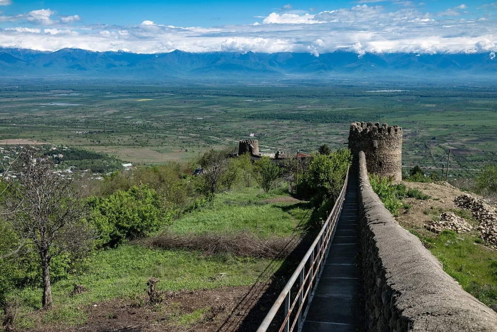 Fortress wall of Sighnaghi overlooking the vast Alazani Valley in Kakheti.