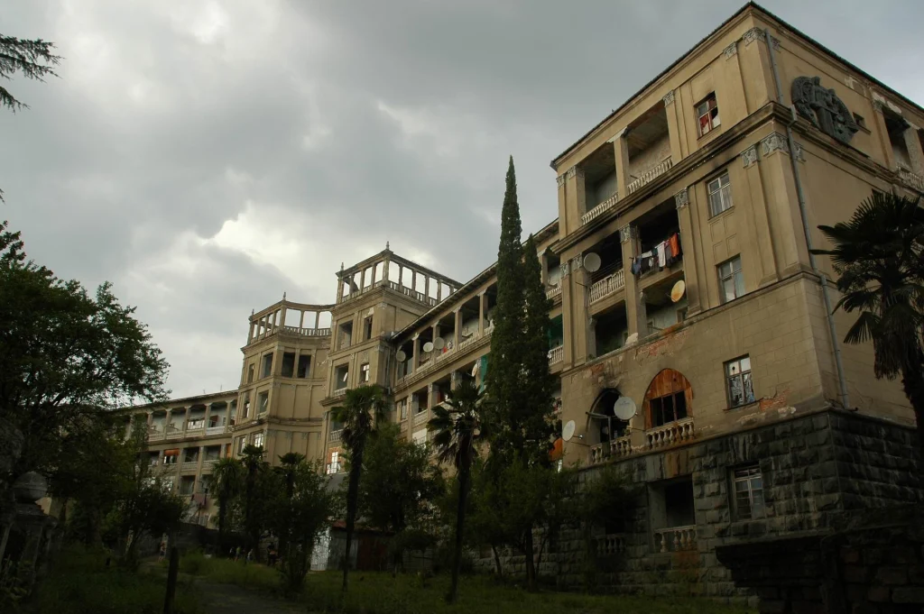 The once-grand Tbilisi sanatorium in Tskaltubo, a centerpiece of Georgia's historic spa resort town.