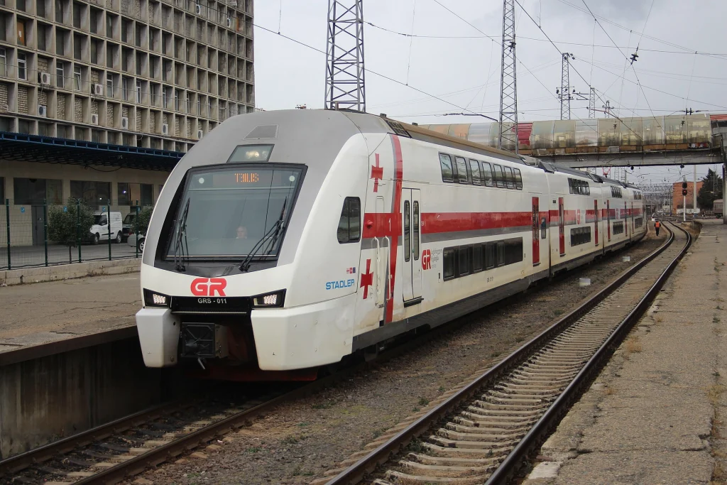 The modern Stadler KISS 'Eurasia' train arrives into Tbilisi after a service from Batumi.