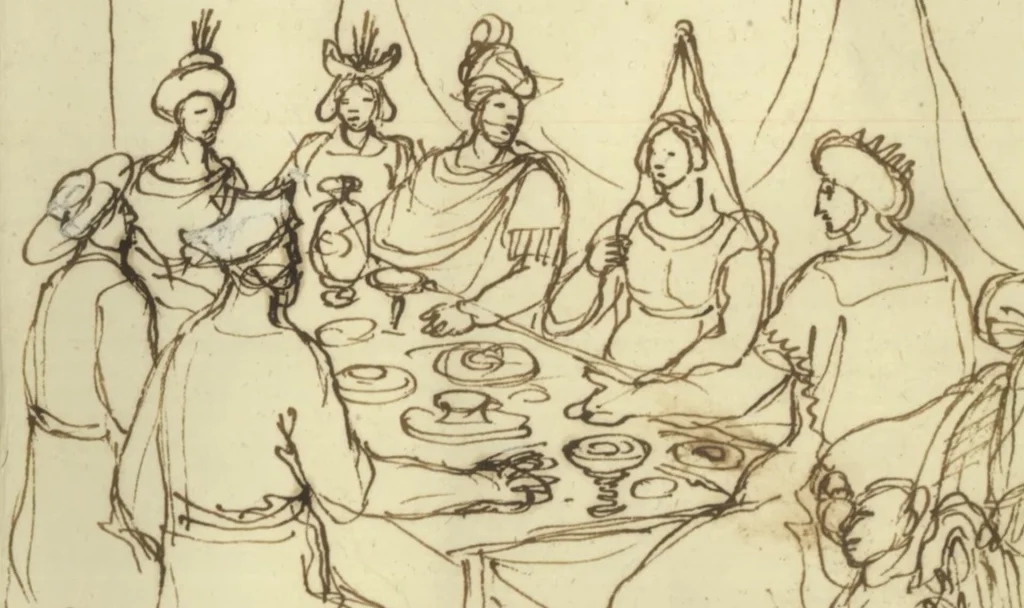 A traditional Georgian feast (supra) sketch, reflecting the hospitality travelers will encounter.