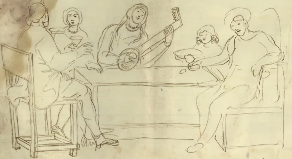 Sketch of Georgians sharing a traditional feast, hinting at the country's famous supra culture.