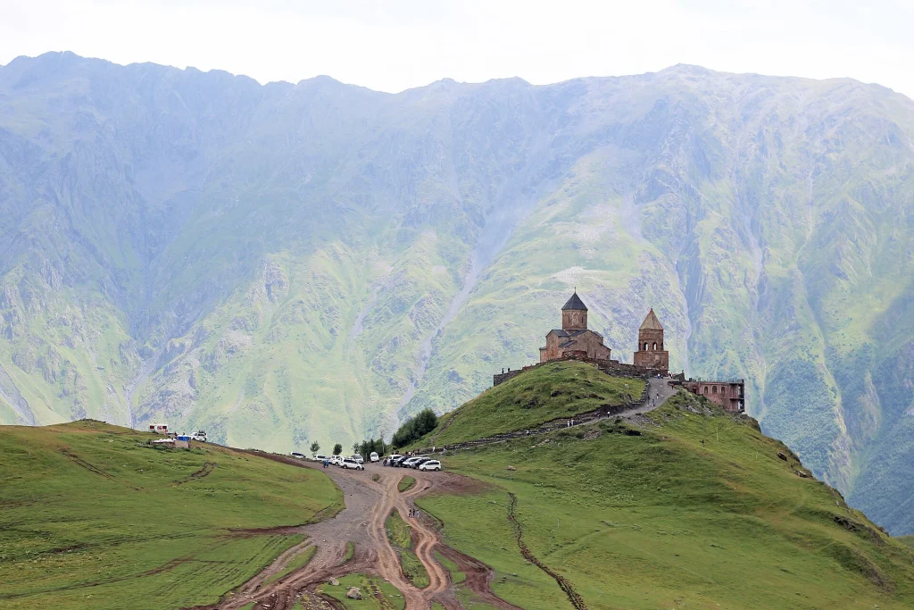 Gergeti Trinity Church near Kazbegi, a classic day-trip landscape from Tbilisi.