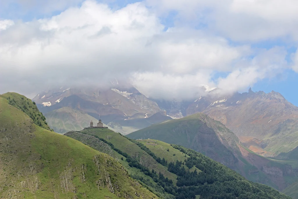 Gergeti Trinity Church perched below Mount Kazbek, one of Georgia's most iconic sights.