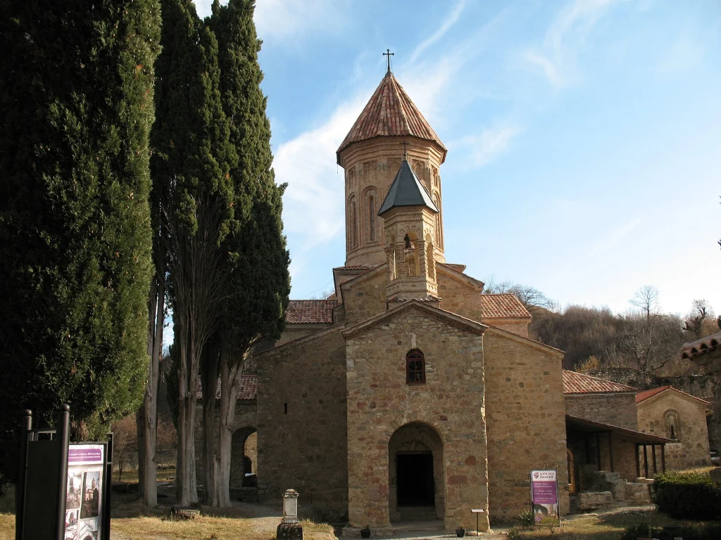 The restored church and bell tower at Ikalto Monastery near Telavi.