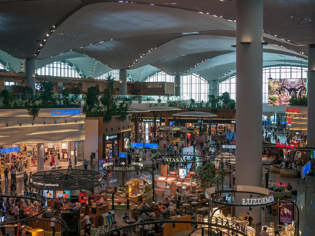 Istanbul Airport's busy duty-free concourse, a common connecting hub for flights from DR Congo.