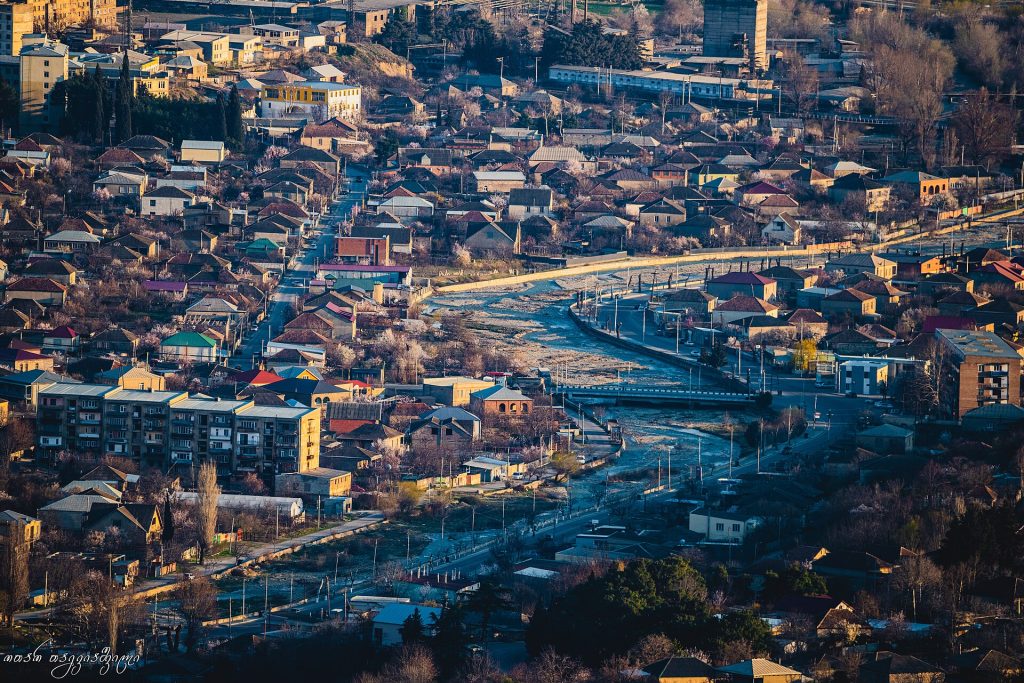 Kaspi's riverside neighbourhoods along the Lekhura, host town of the Kaspoba celebration.