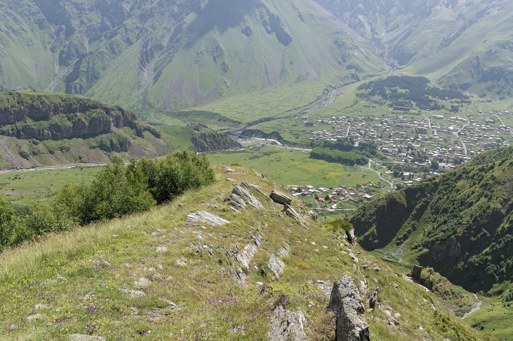 View of Kazbegi and Gergeti near Stepantsminda, the setting for the annual Kazbegoba festival.