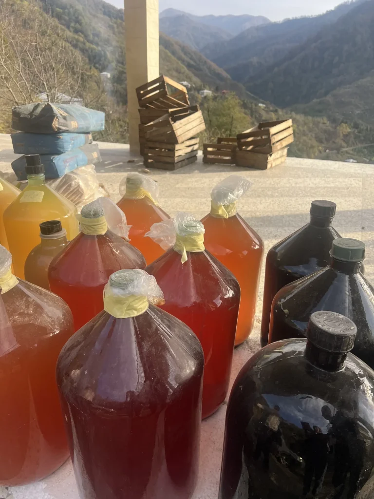 Jugs of homemade chacha and fruit spirits lined up with a mountain backdrop.
