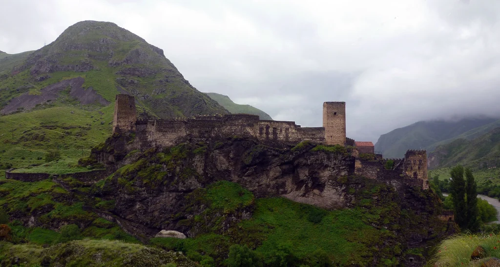 Khertvisi Fortress walls and towers under a cloudy sky in Samtskhe-Javakheti.