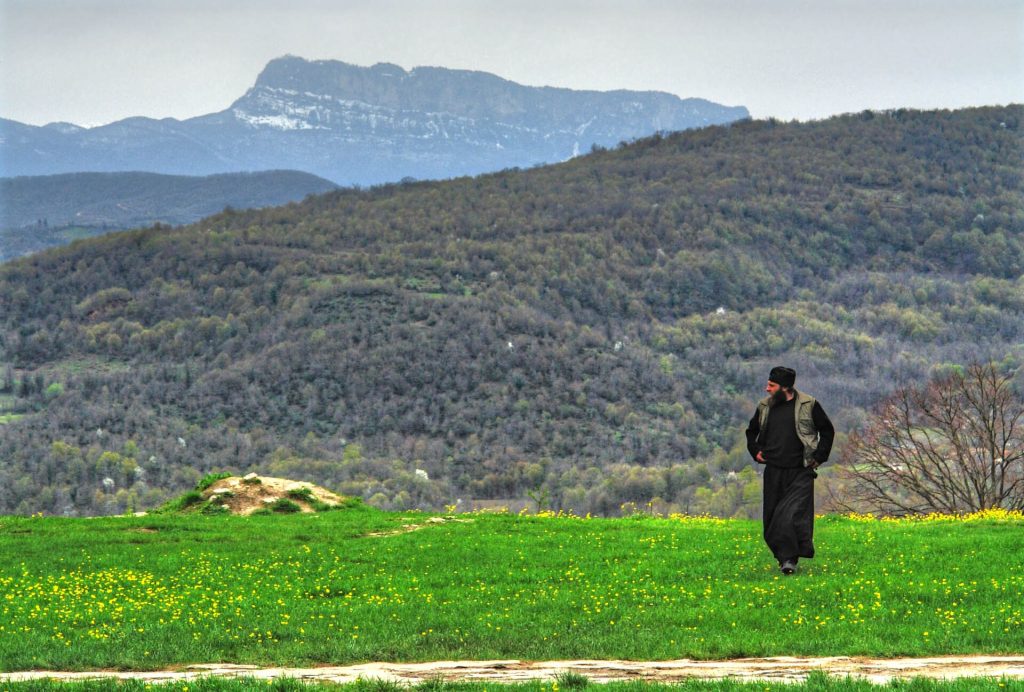 The sacred cliff massif of Khvamli (Khomli) mountain, site of the June pilgrimage.