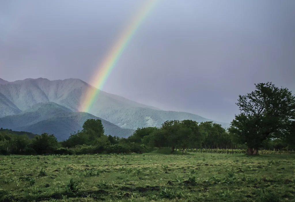 Rainbow over the fields and hills surrounding Kvareli, close to Ilia Lake.