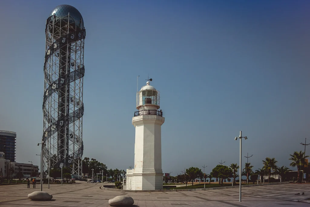 Batumi's lighthouse and Alphabet Tower, a landmark coastal stop for travellers exploring Georgia.