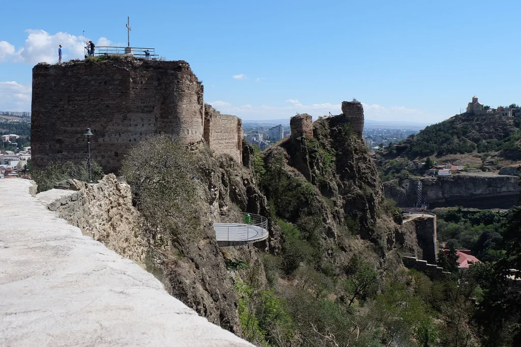 View of Narikala Fortress ramparts seen from the cable car station in Tbilisi.
