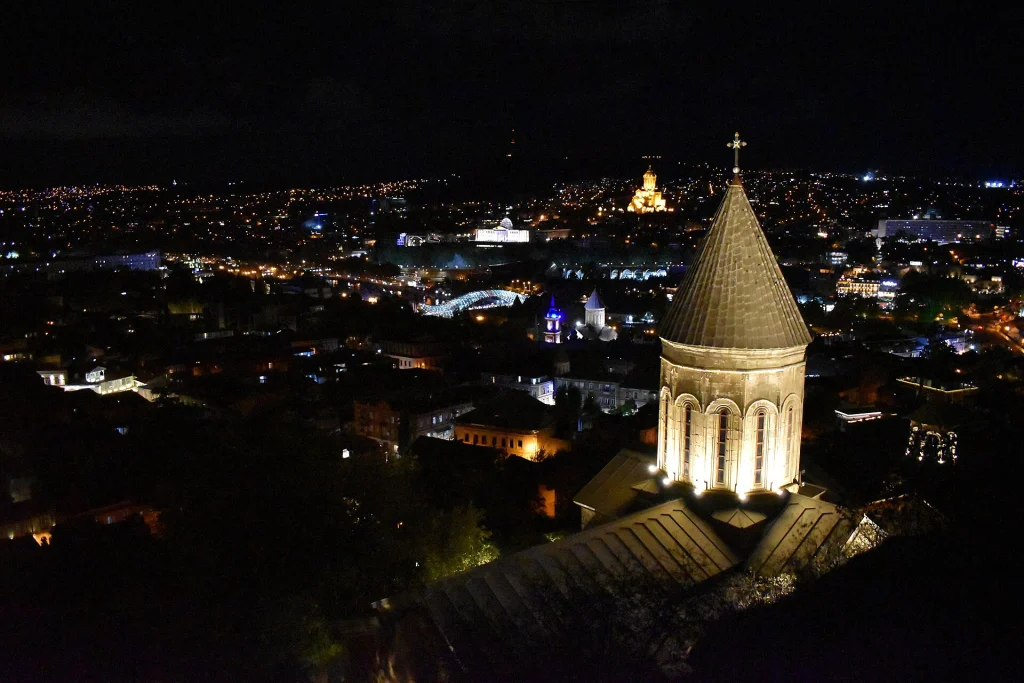 Old Tbilisi at night with the Betlemi Church, illustrating the city's historic core.