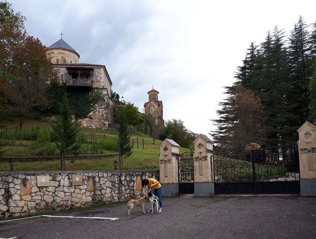 Martvili Monastery complex with its church and bell tower set on a hilltop in Mingrelia.