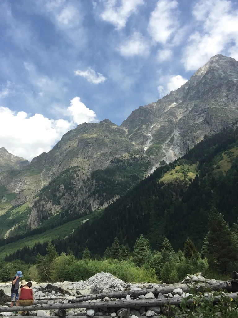 View from Mazeri village toward the mountains, starting point of the Ushba glacier hike.