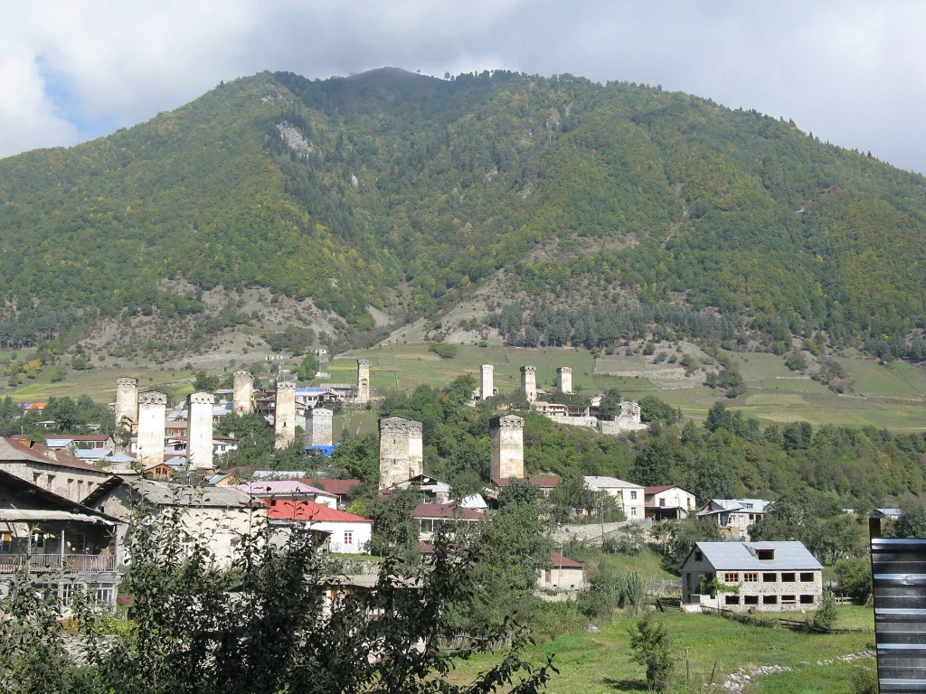 Ancient defensive towers overlook the town of Mestia, gateway to Upper Svaneti.