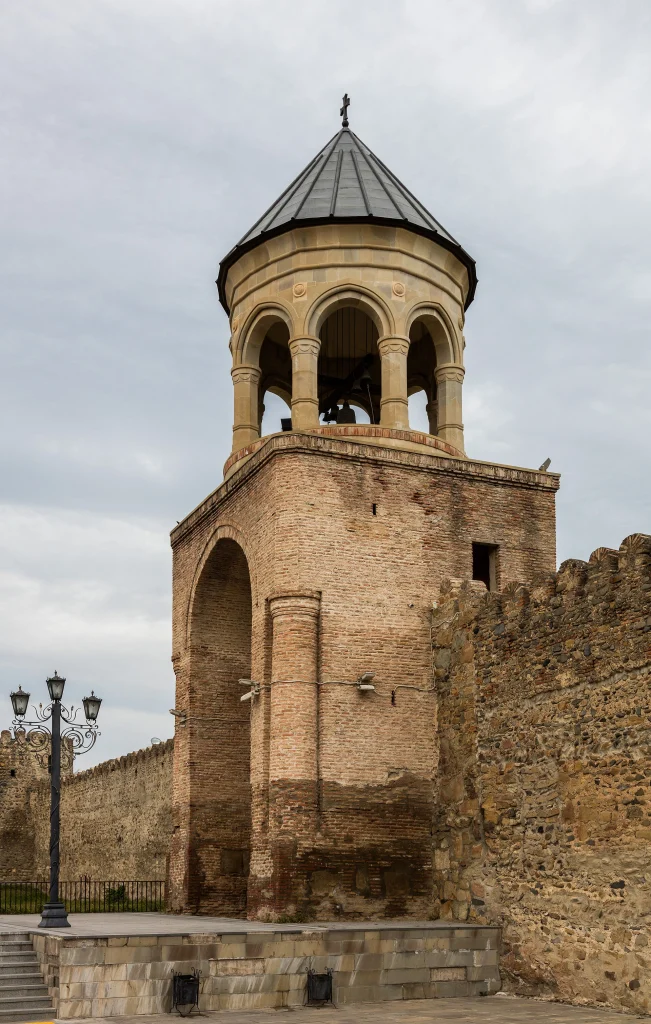 Svetitskhoveli Cathedral's bell tower and walls in Mtskheta, visited en route to Kazbegi.