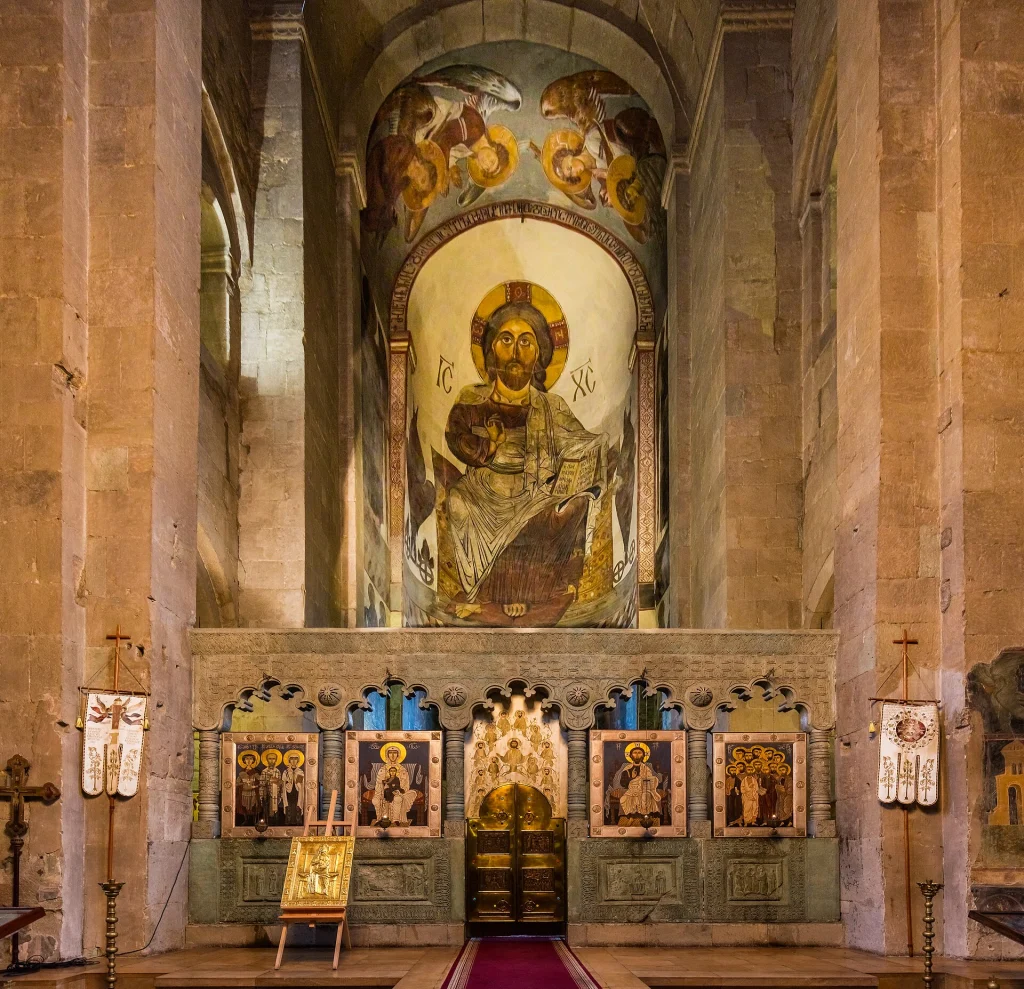 Interior of Svetitskhoveli Cathedral in Mtskheta, a major historic site in Georgia.