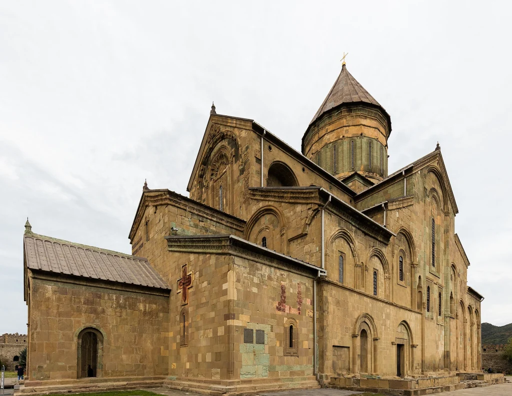 Exterior view of Svetitskhoveli Cathedral showing its distinctive medieval Georgian architecture.