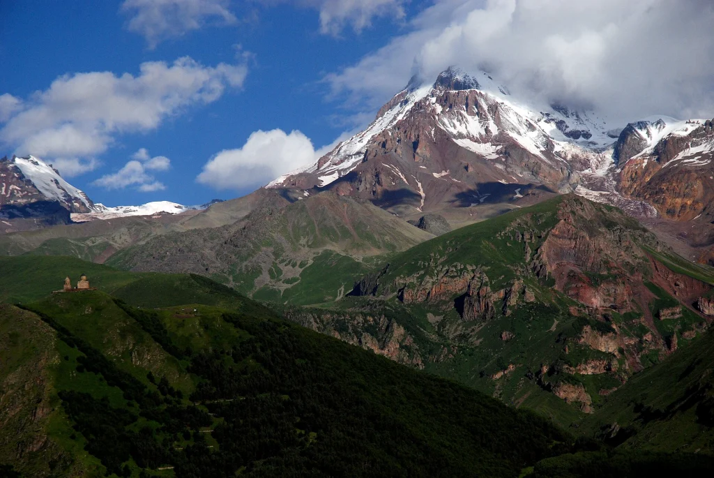 Snow-capped Mount Kazbegi towers over the Georgian highlands, a classic image of the country.