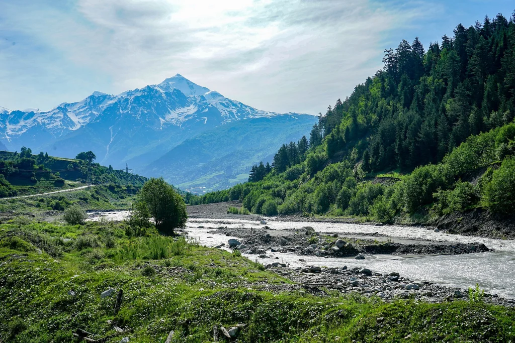 Mount Tetnuldi, one of Svaneti's prime freeride and ski-touring peaks, rises above the valley.
