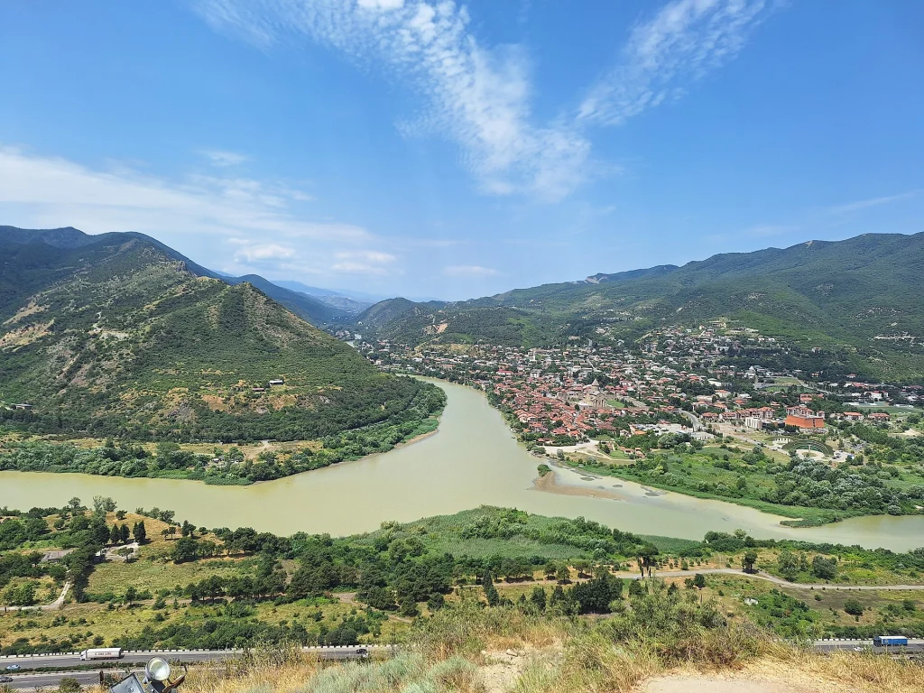 Confluence of the Aragvi and Kura rivers near Mtskheta, seen from Jvari Monastery.