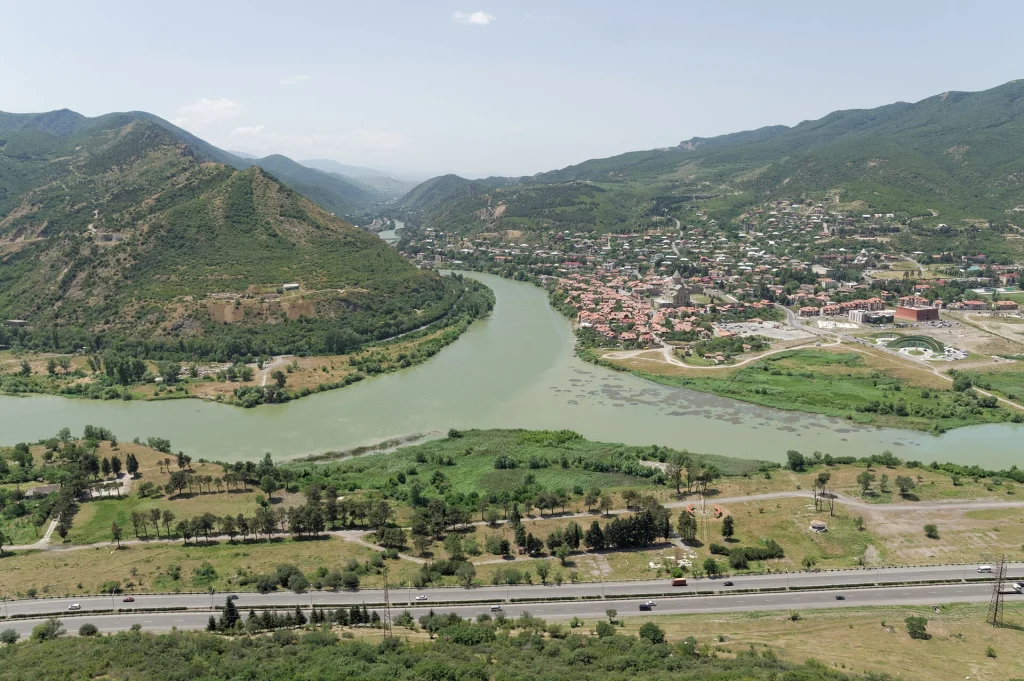 Aerial view of Mtskheta at the confluence of the Mtkvari and Aragvi rivers.