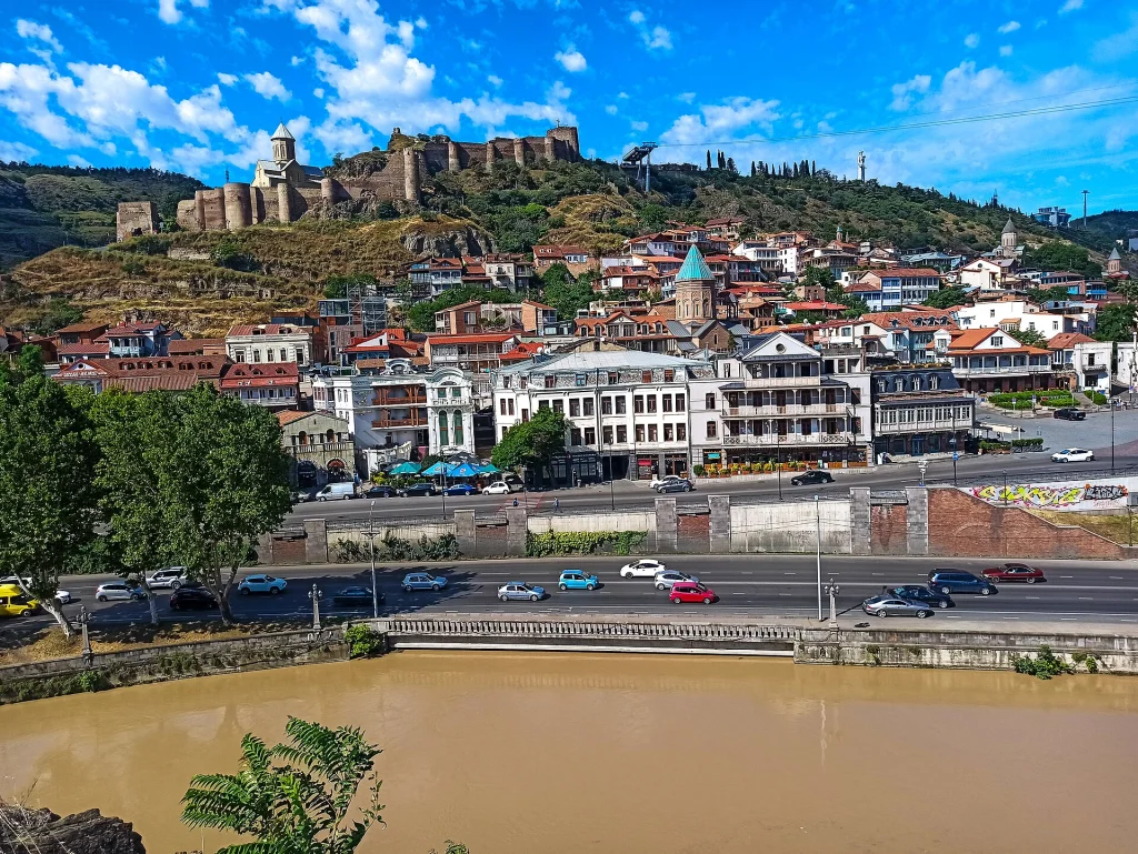 View of Tbilisi's old city and Narikala Fortress from across the Kura River.