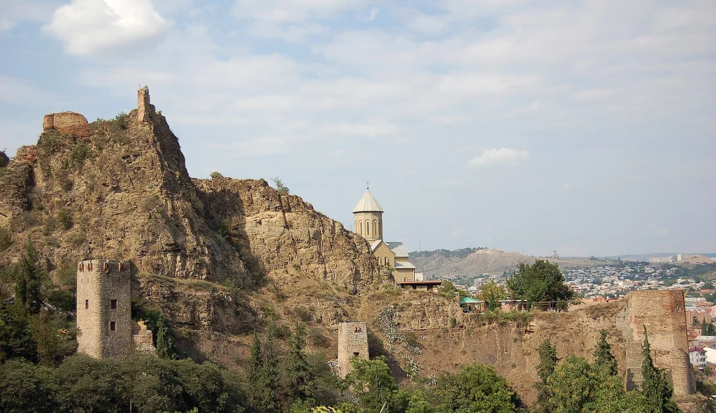 Narikala fortress and city view from Tbilisi Botanical Garden, Georgia.