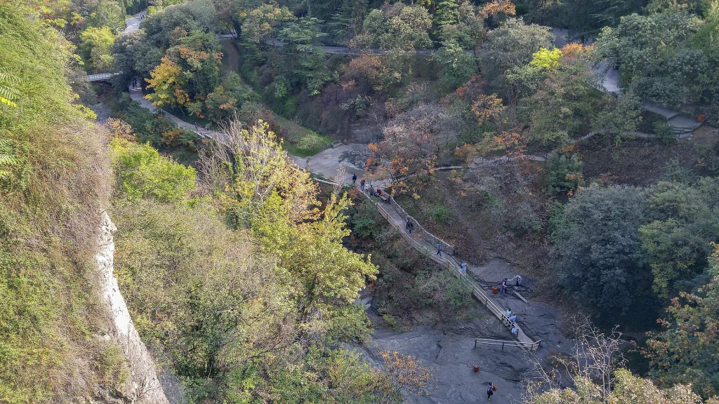 Visitors cross a footbridge in the Tbilisi Botanical Garden gorge, a scenic spot many tourists explore.