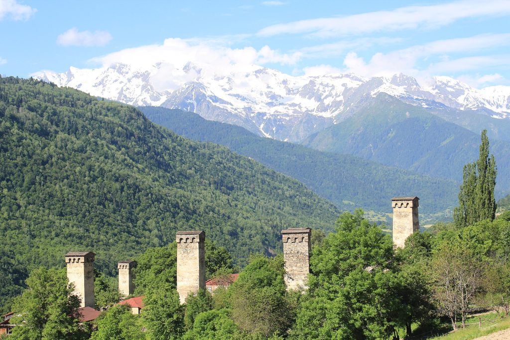 Svan defensive towers near Mestia, the highland setting for the annual torch procession of Lamproba.