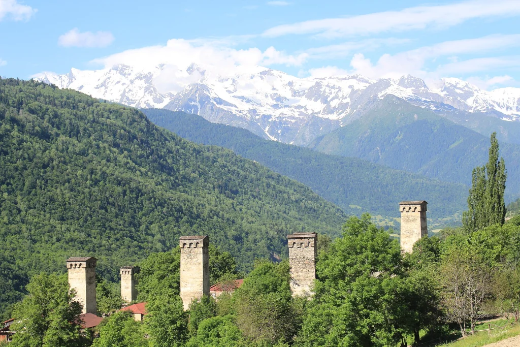 Svan defensive towers near Mestia show the dramatic Caucasus scenery beyond Tbilisi.