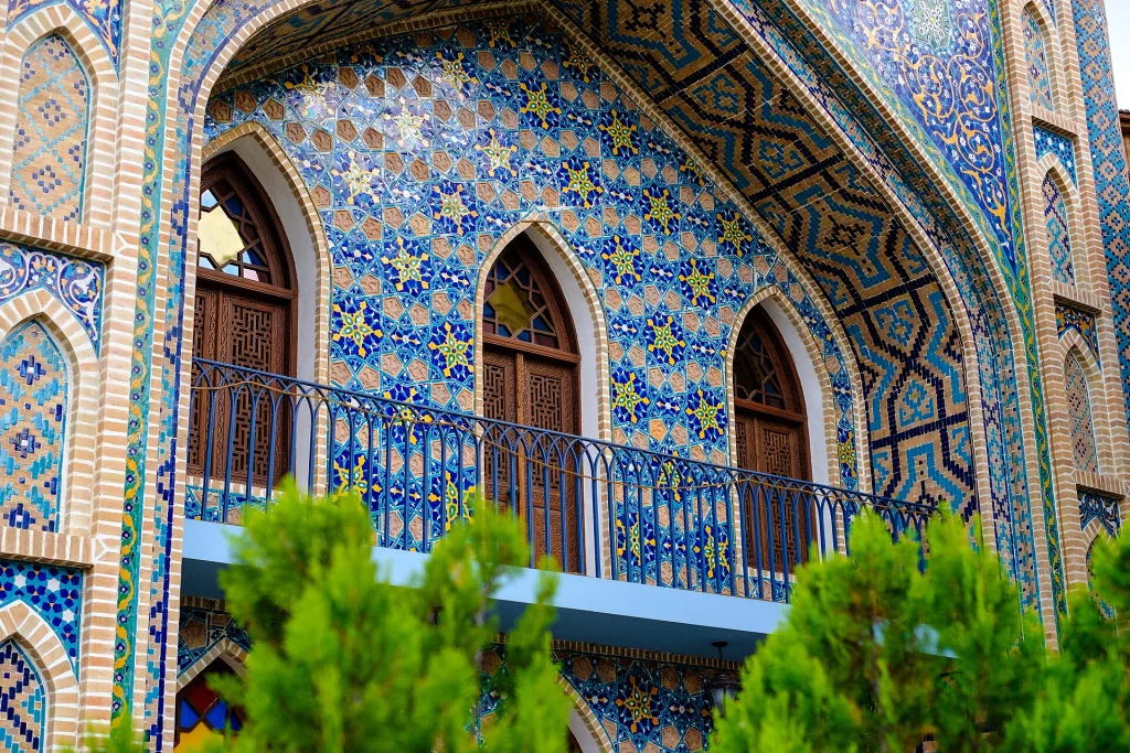 The ornately tiled facade of the Orbeliani Bath House, a landmark sulphur bathhouse in Tbilisi.