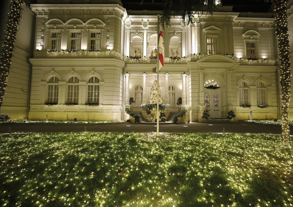 The Orbeliani Presidential Palace glows with festive decorations during the Tbilisi Christmas season.