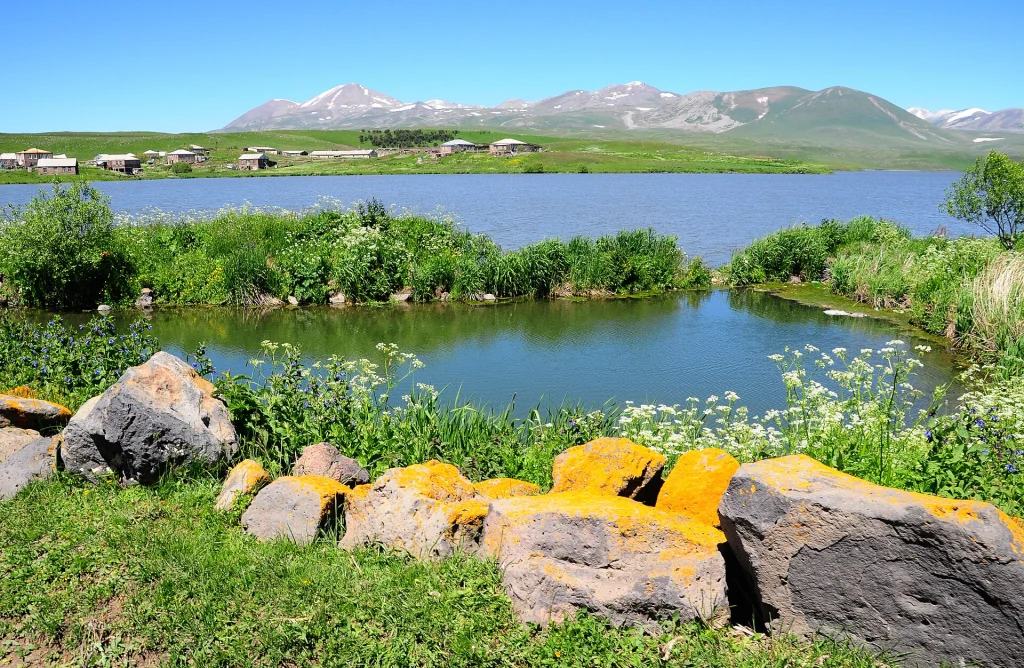 Shoreline of Lake Paravani with volcanic rocks and distant mountains, a key spot for Javakheti lake fishing.