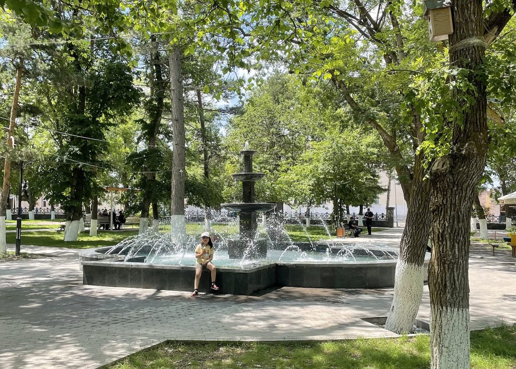A town park with fountain in Akhalkalaki, a gathering spot during local celebrations.