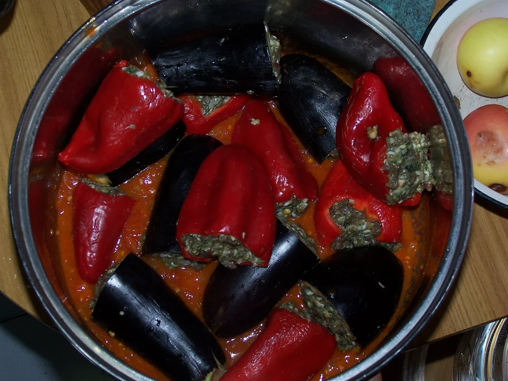 Stuffed peppers and eggplant, examples of Georgian cuisine travellers can try.