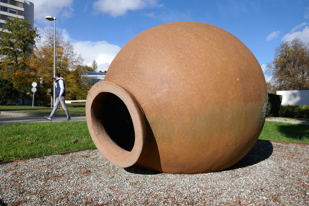 A traditional qvevri clay vessel, the iconic object of Georgian winemaking celebrated at the festival.