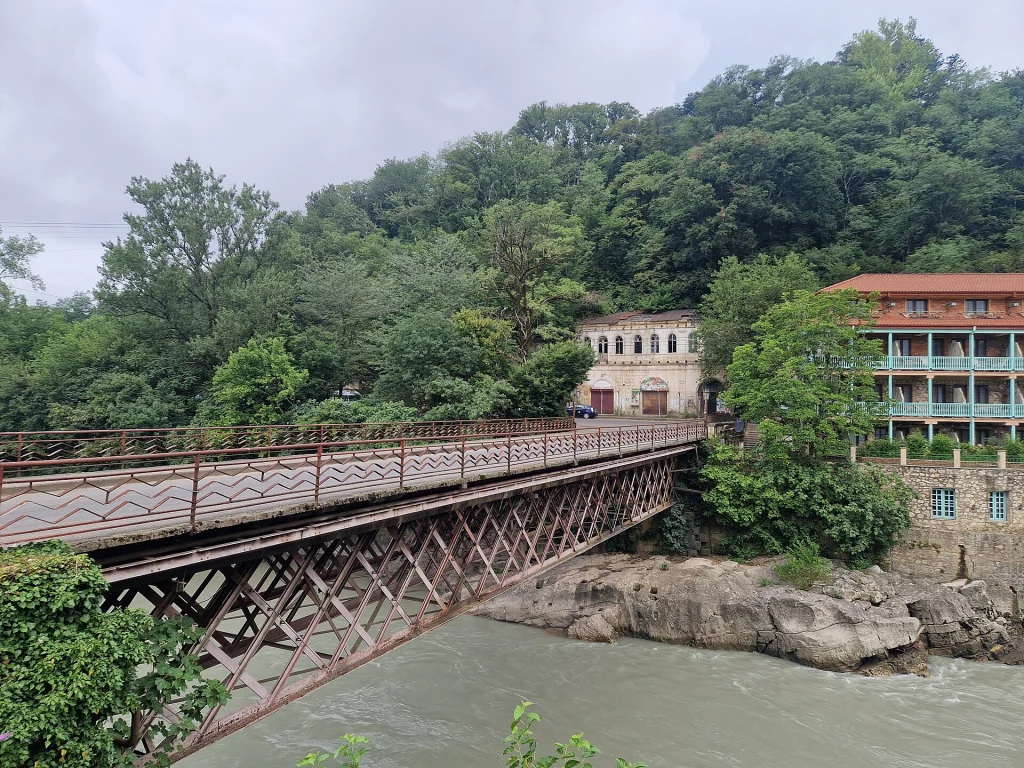 The historic Red Bridge over the Rioni river in Kutaisi, Georgia.