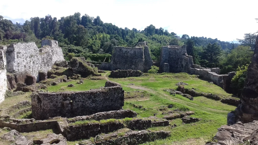 Ruins of an early medieval church and defensive walls at the Petra Open Air Museum, Tsikhisdziri.