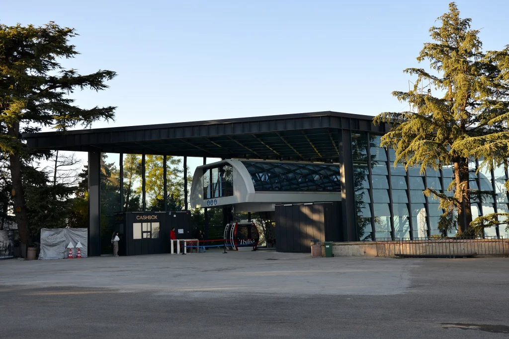 The modern upper station of the Rustaveli–Mtatsminda cable car, reopened in 2024.